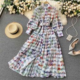 Ins Elegant Boho Maxi Dress For Women Stand Collar Long Sleeve Vintage Print Party Female Fashion Clothing 210514