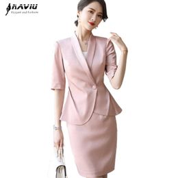 Summer Prfessional Formal Suit Women Fashion Irregular Hem Half Sleeve Blazer and Skirt Office Ladies Work Wear 210604