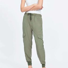 Spring Army Green Harem Pants Elastic High Waist Drawstring Jogger Ankle-Length Summer Big Pocket 210531