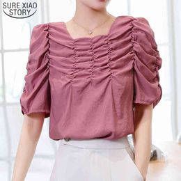 Short Pink Clothing Blusas Chiffon Shirt Pleated Top Summer Vintage Puff Sleeve Pullover Blouse Women 9665 210415