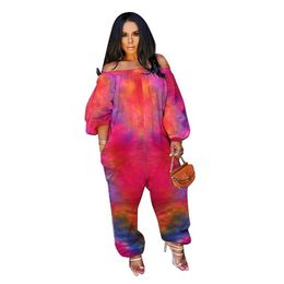 Sale Tie Dye Loose Women Jumpsuits Trendy Slash Collar Long Sleeve Rompers Cool Girl Street Casual Overalls 210525