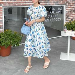 round neck lantern sleeves hollow out Embroidery high waist Floral printed vacation Holiday dress female vestido 210529