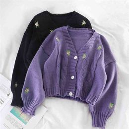 Autumn winter Sweater Cardigan jacket Embroidered Women Clothes Long Sleeve V Neck Women's knitwear top 800E 210420