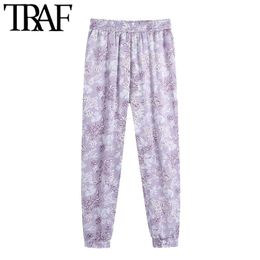 TRAF Women Chic Fashion Side Pockets Floral Print Pants Vintage High Waist Elastic Hem Female Ankle Trousers Mujer 210415