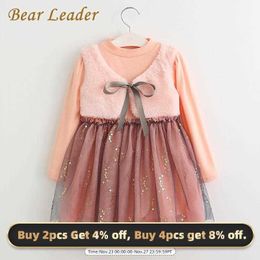 Bear Leader Girls Dress Spring Dresses Children Clothing Princess Dress Pink Long Sleeve Wool Bow Design Girls Clothes 210708
