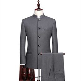Men's Stand Collar Chinese Style Slim Fit Two Piece Suit Set / Male Zhong Shan Blazer Jacket Coat Pants Trousers 2 Pcs X0909
