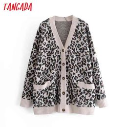 Women Elegant Leopard Vintage Jumper Lady Fashion Oversized Knitted Cardigan Coat 3H85 210416