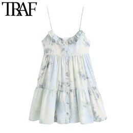 TRAF Women Chic Fashion With Ruffles Tie-dye Print Mini Dress Vintage Backless Thin Straps Female Dresses Vestidos 210415