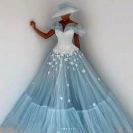 2021 Dusty Blue Lace Prom Dresses Ball Gowns Puffy Tulle Arabic Evening Gown Off The Shoulder Long Party Dress