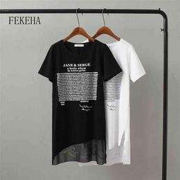 FEKEHA Summer Long T shirt Women Letter Black White T-shirt Sexy Short Sleeve Thin Cotton Tops Tees Female Tshirt 210623