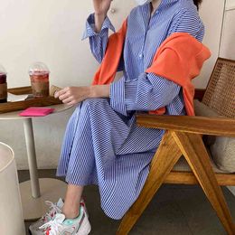 Spring Summer Casual Women's Striped Dress Shirt Long Sleeve Blue Mixi Femme Robe (Not Including Shawl) 210514
