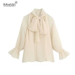 Women Fashion Chic Bow Semi-sheer Chiffon Blouses Vintage Elegant Long Sleeve Loose Shirts Female Causal Tops 210520