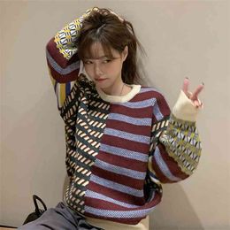 Autumn Winter Korean Vintage Striped Knitted Pullover Sweater Lazy Loose Casual Oversized Pullovers Pull Femme Hiver Jumper Tops 210514