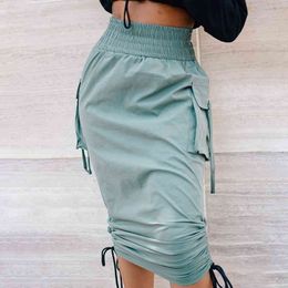 Elastic High Waist Pocket Cargo Skirts Women Spring Y2K Fashion Bodycon Sexy Slim Patchwork Ruched Fold Drawstring Dress 210517