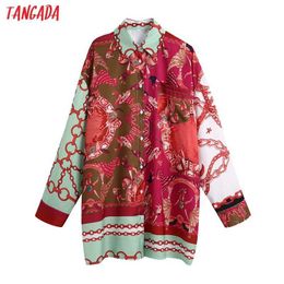 Tangada Women Vintage Chain Patchwork Print Oversize Irregular Blouse Ladies Chic Long Kimono Shirts Tops BE947 210609