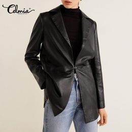 Celmia 2021 Autumn Women Long Sleeve Blazers Fashion PU Leather Jackets Casual Pockets Solid Business Suit Outerwear Plus Size Women's Suits