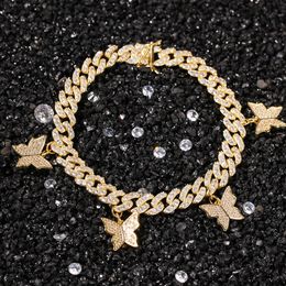 New Fashion charm 9mm Cuban Bracelet with Butterfly Mini Ankle Pink Cz Punk Miami Link Bling Hip Hop Jewellery Gift for women and men