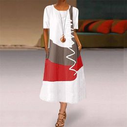 Long Summer Dresses for Women Casual Plus Size Daily Short Sleeve Vintage Patchwork Bohemian O Neck Maxi Dress 210331