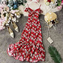 Ruffles Foral Vintage Women Sexy Print High Waist Pleated Vestidos Korean Beach Style Summer Dress 15841 210415