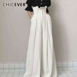 CHICEVER Solid Trouser For Women Full Length High Waist Pleated Loose Plus Size Ruffles Wide Leg Pant Female Autumn Clothes 211124