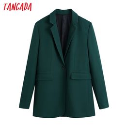Tangada Women Office Wear Single Button Green Blazer Coat Vintage Long Sleeve Back Vents Female Outerwear Chic Veste BE413 211006