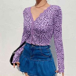 Y2K V Neck Leopard Printed Women's Tops Harajuku Casual Long Sleeve Cardigan Button Shirt Ladies Fastion Crop Tops Women Clothes 210515