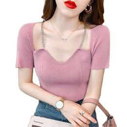 summer Korean chic ice silk sweater women thin short-sleeved T-shirt slim sexy square neck short top women's clothing 210520