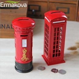 ERMAKOVA Metal London Telephone Booth Postbox Money Box Retro England Phone Figurine Piggy Bank Coin ChildGift Home Decor 211108