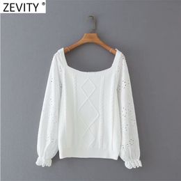 Women Hollow Out Embroidery Long Sleeve Patchwork Crochet Knitting Sweater Female Chic Off Shoulder Pullovers Tops S627 210416