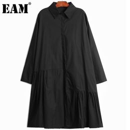 [EAM] Women Black Big Size Asymmetrical Pleated Shirt Dress Lapel Long Sleeve Loose Fit Fashion Spring Summer 1DD8192 21512