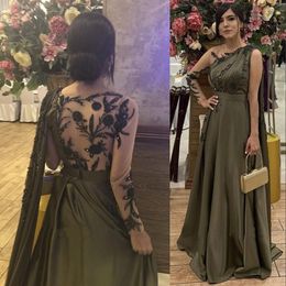 2021 Sexy Arabic One Shoulder Olive Green Muslim Prom Dresses With Cape Lon Sleeves Dubai Women Evenin Party Gowns Dress Eleant Plus Size Back Crystal