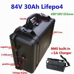Rechargeable waterproof 84v 30Ah LiFepo4 battery pack for energy storage power electric cars electric scooters EV+ 5A charger