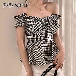 Sexy Plaid Women Shirt Slash Neck Short Sleeve High Waist Tunic Patcwhork Bow Hit Color Blouse Female Clothes 210524