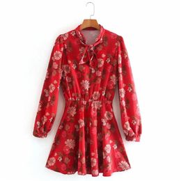 Summer Women Vintage Chiffon Dress Floral Print Bow Tie Collar Long Sleeve Mini es Female Elegant A-Line vestido 210513