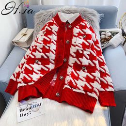 H.SA Long Sweater Cardigans for Women Houndstooth Cardigans Thick Warm Spring Winter Oversized Knit Jacket Sweater Coats 210716