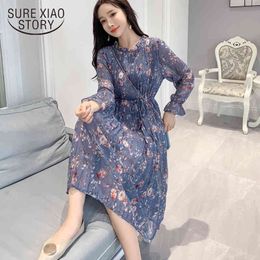 Spring O-neck Chiffon Women Flare Sleeve A-line Dress Femme Floral Printed Female Mid-length Vestidos 8211 50 210417