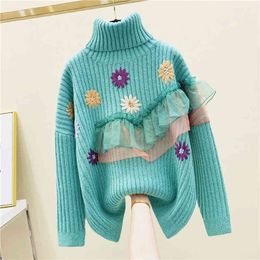Autumn Winter Women's Long Sleeves Turtleneck Flower Ruffles Knitted Sweaters Womens Knitting Tops Sweater A4402 210428