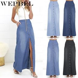 Women Long Jean Skirts Floor Length Wash Single Breasted Denim Skirt Plus Size S-3XL