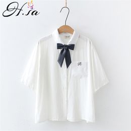 Hsa Summer Blouse and Tops Turn Down Collar Short Sleeve Bow Tie Casual White Blusa Streetwear Korean Fashion Shirts Women 210417