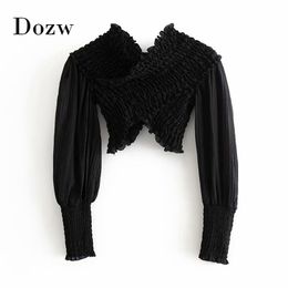 Fashion Chiffon Black Cropped Blouse Women Sexy Crossover V Neck Stretchy Shirt Long Sleeve Off Shoulder Stylish Bodycon Top 210414