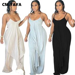 CM.YAYA Women Sets Solid Sleeveless Spaghetti Strap Back Hollow Out X-long Tops Loose Floor-length Pants 2 Piece Set Summer 211105