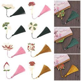 Bookmark Retro Chinese Style Hollow Brass Tassel Pendant Lotus Leaf Book Clip Pagination Mark Stationery School Office Supplies