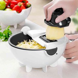 Multifunctional Rotary Vegetable Cutter with Drain Basket Household Potato Slicer Radish Grater Kitchen Tool 210423