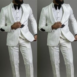 White Ivory Foral Pattern Groom Wedding Tuxedos Unique Mens Party Prom Pants Suits Coat Vest Business Wear Outfit 3 Pieces