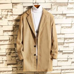 Solid Trench Coat Mens Jacket Single Breasted Autumn Brand Top Warm Thick Male Korean Style Casual Jackets Men Oversize 210524