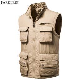 Mens Casual Multi-Pockets Waistcoat Cotton Padded Outdoor Work Sleeveless Vest Men Safari Fishing Travel Po Cargo Vest Jacket 210522