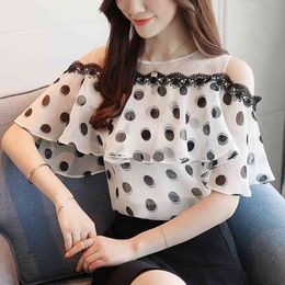 Women Blouse shirts Round Neck Sexy transparent Shirts Off shoulder Mesh Tops Dot Chiffon Short Sleeve Ruffle 804F 210420