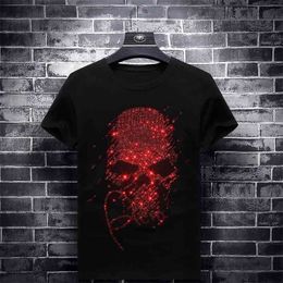 Bright Rhinestones Red Skulls T Shirts Men Short Sleeve Fashion Clothing Streetwear O Neck Modal Cotton Calaveras Camiseta 210409