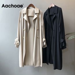 Aachoae Fashion Solid Color Women Trench Coat Loose Double Breasted Windbreaker Ladies Casual Long Overcoat Abrigo Mujer 210413