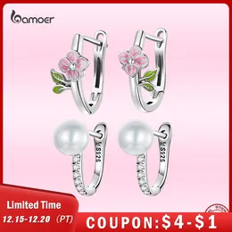 Hoop & Huggie Bamoer 925 Sterling Silver Spring Cherry Blossom Earrings For Women Shell Pearl Piercing Elegant Wedding Jewellery Gifts